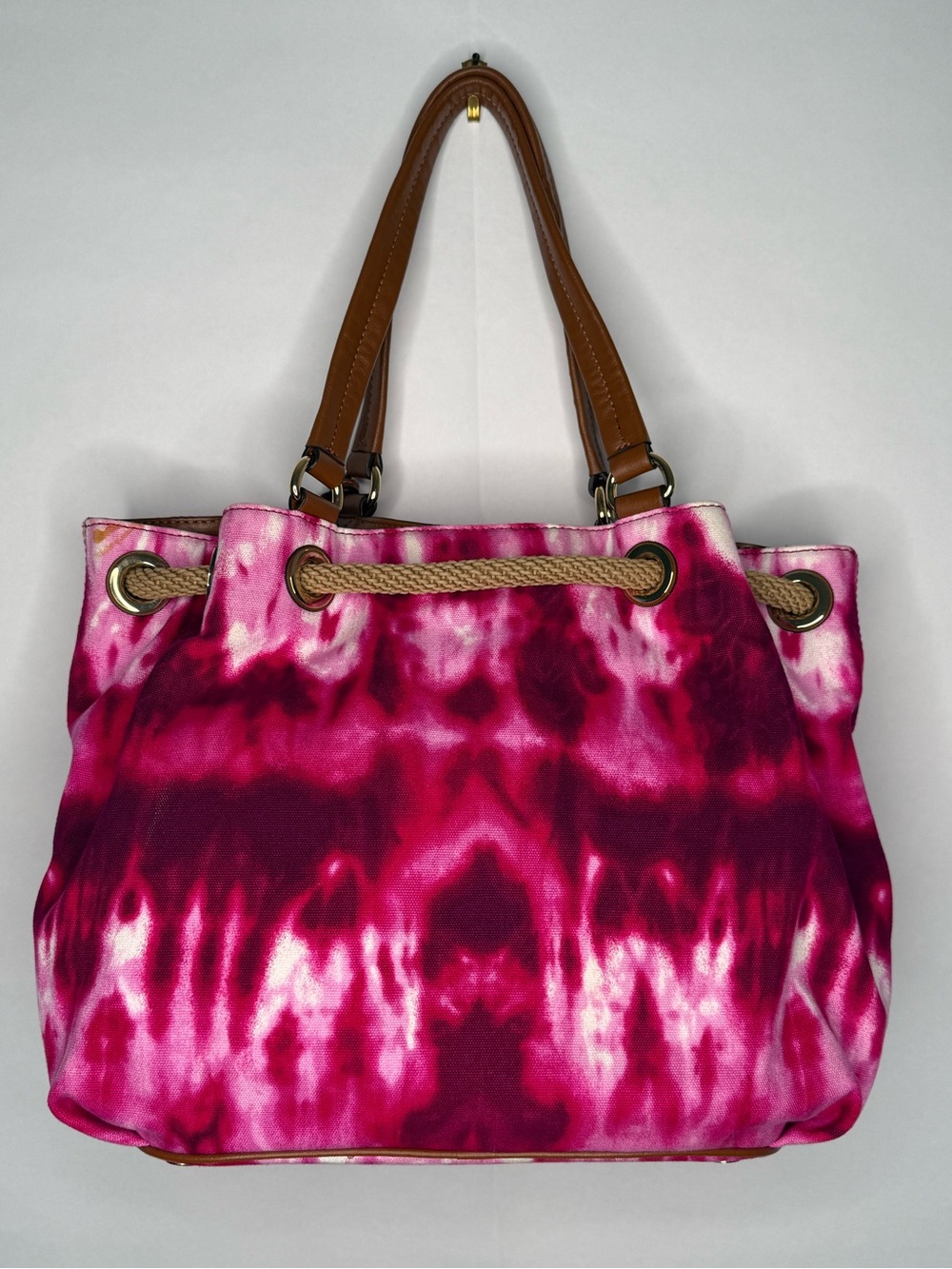 Michael Kors Hot Pink Tie-Dye Tote with Tan Leather Accents - Picture 2 of 8
